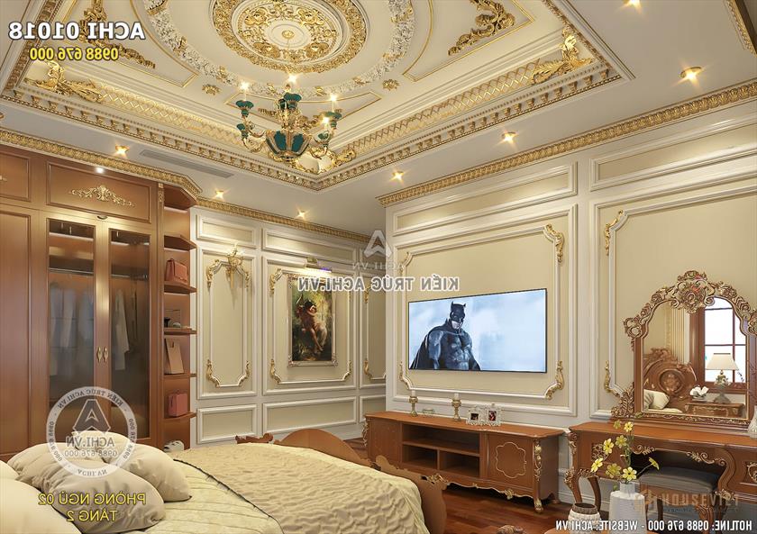 Thiết kế nội thất phòng ngủ tiện nghi, hoa văn dát vàng vô cùng tinh xảo.