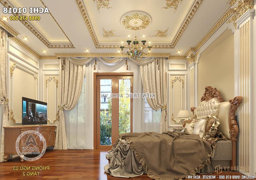 Không gian phòng ngủ với chiếc giường tân cổ điển làm điểm nhấn