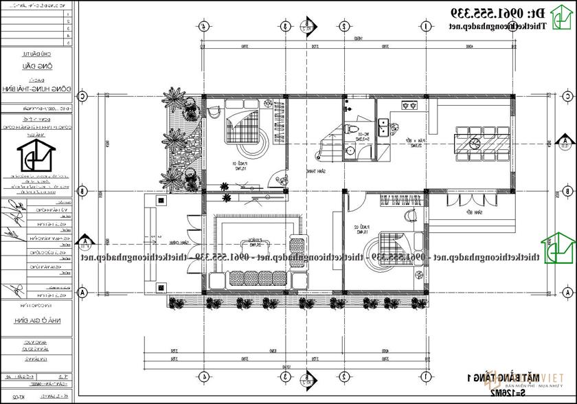 Mặt bằng tầng 1 biệt thự 2 tầng mái thái 4 phòng ngủ 9x15m NDBT2T125