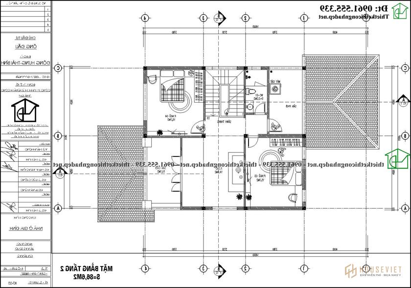 Mặt bằng tầng 2 biệt thự 2 tầng mái thái 4 phòng ngủ 9x15m NDBT2T125