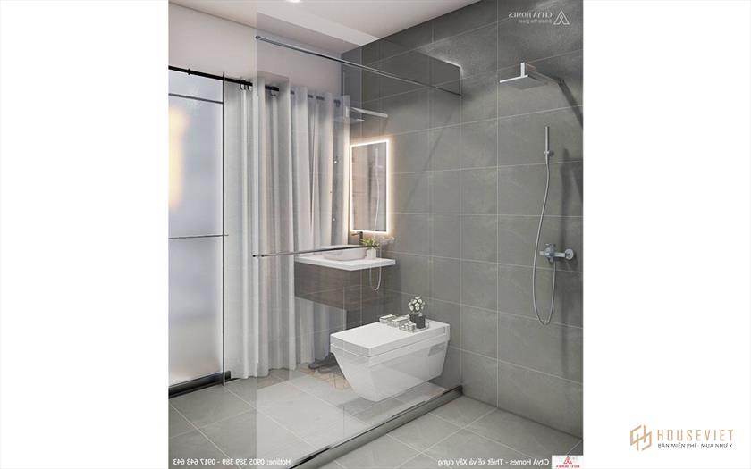 Phòng tắm chính rộng rãi, với cửa kính mờ ngăn cách khu vực bên ngoài