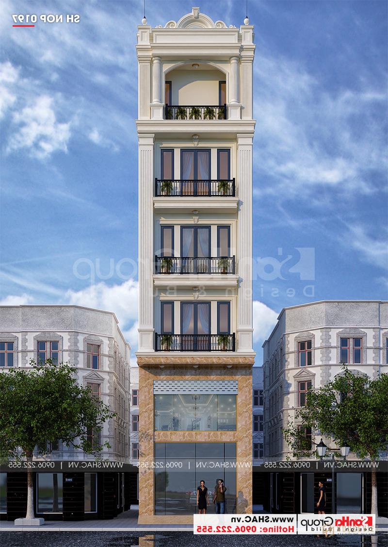 Phối cảnh tổng thể kiến ​​trúc của mẫu thiết kế nhà ống 6 tầng kết hợp kinh doanh tân cổ điển mặt tiền 5m1 sang trọng tại Quận Lê Chân - Hải Phòng 