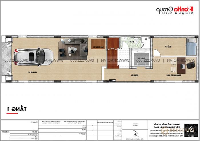 Bản vẽ mặt bằng tầng 1 mẫu nhà tân cổ điển 6 tầng có gara ô tô tại Hải Phòng 