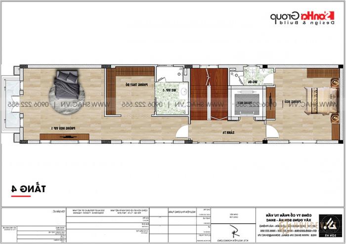 Bản vẽ mặt bằng tầng 4 mẫu nhà tân cổ điển 6 tầng có gara ô tô tại Hải Phòng 