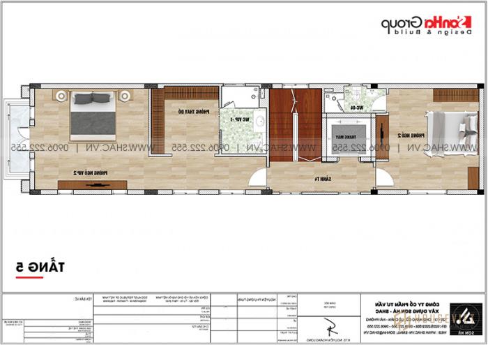 Bản vẽ mặt bằng tầng 5 mẫu nhà tân cổ điển 6 tầng có gara ô tô tại Hải Phòng 