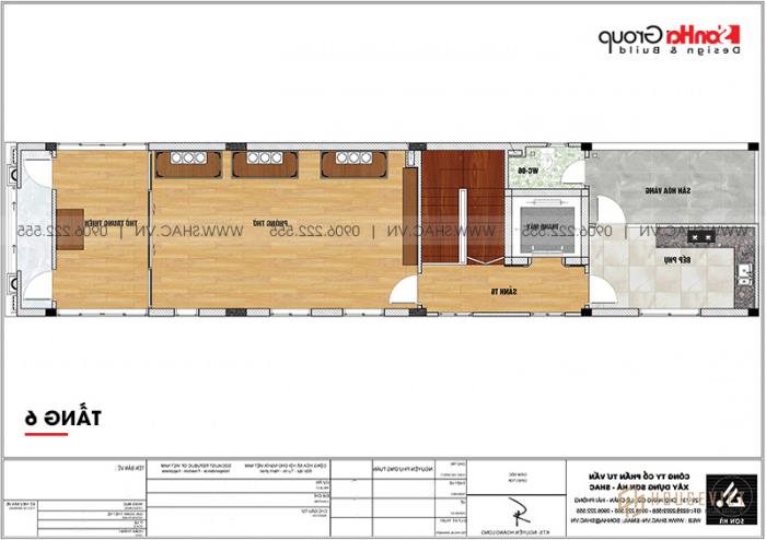 Mặt bằng tầng 6 mẫu nhà tân cổ điển 6 tầng có gara ô tô tại Hải Phòng 