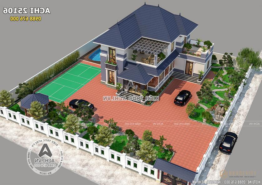 Mẫu thiết kế nhà 2 tầng mái thái Nhật Bản nhìn từ trên cao