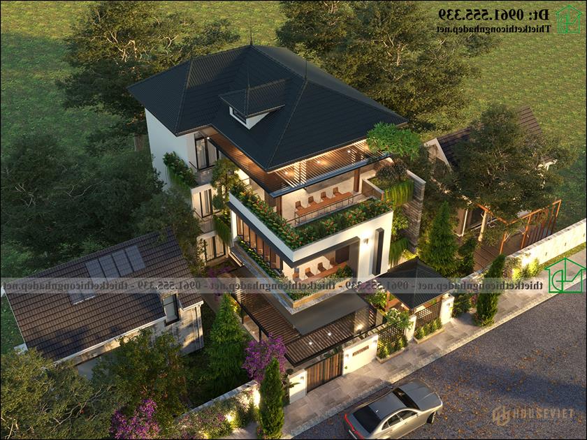 Phối cảnh tổng thể biệt thự 3 tầng mái nhật đẹp NDBT3T30