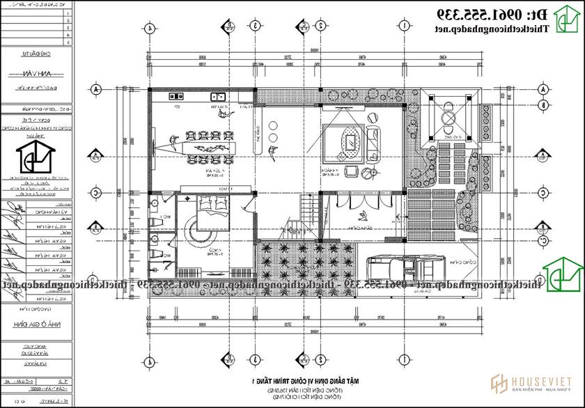 Mặt bằng tầng 1 mẫu biệt thự 3 tầng mái nhật 11x19m NDBT3T30