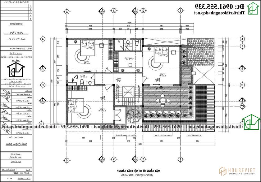 Mặt bằng tầng 2 mẫu biệt thự 3 tầng mái nhật 11x19m NDBT3T30