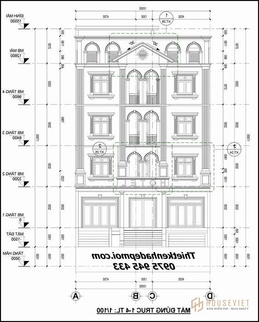 Bản vẽ thi công khách sạn 6 tầng 10x14m
