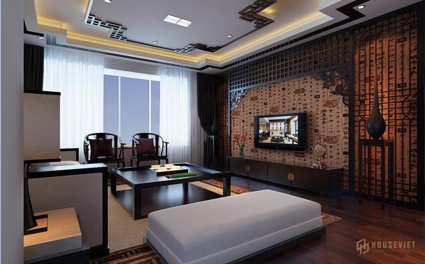 Phòng khách được thiết kế với những nét truyền thống của Trung Quốc