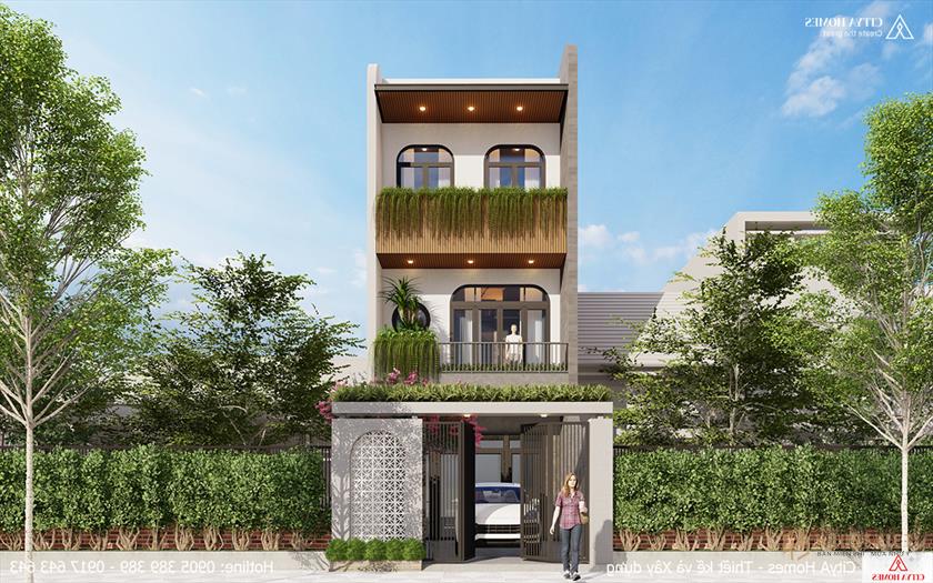 Nhà phố 3 tầng hiện đại với không gian xanh mát kết hợp với hệ thống cửa vòm mang phong cách nhiệt đới