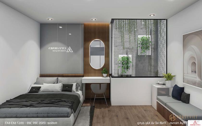 Phòng ngủ thiết kế sáng tạo nhờ ô cửa kính cạnh giếng trời.