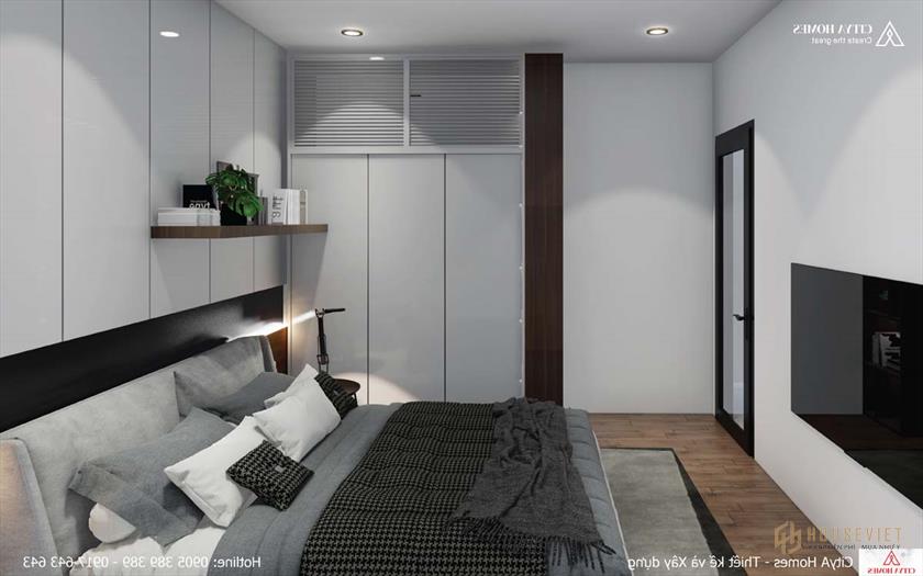 Phòng ngủ hiện đại với tông chủ đạo là xám đen