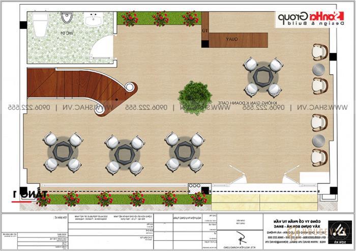 Mẫu nhà ống tân cổ điển 5 tầng kết hợp kinh doanh cafe tại Nam Định - SH NOP 0196 29 Mặt bằng công năng tầng 1 nhà ống kết hợp kinh doanh 5,7x9,5m tại Nam Định