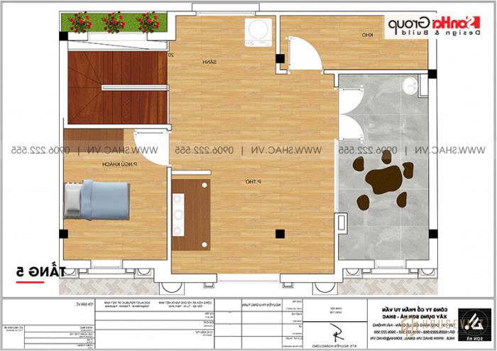 Mẫu nhà ống tân cổ điển 5 tầng kết hợp kinh doanh cafe tại Nam Định - SH NOP 0196 33 Mặt bằng tầng 5 mẫu nhà tân cổ điển tại Nam Định