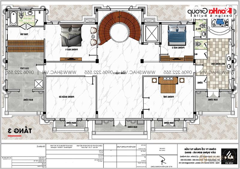 Biệt thự lâu đài 3 tầng 1 tum rộng 350m2 tại Vĩnh Phúc - SH BTLD 0045 14 Mặt bằng công năng tầng 3 biệt thự BTLD 0045