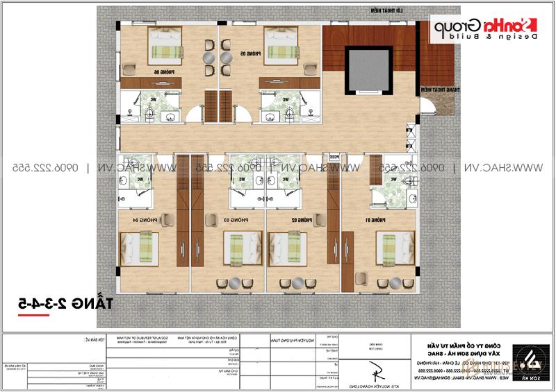 Mẫu thiết kế khách sạn mini tân cổ điển 2 sao 6 tầng tại Hải Phòng - SH KS 0067 11 3 Bản vẽ mặt bằng công năng tầng 2 3 4 5 khách sạn 2 sao đẹp sh ks 0067