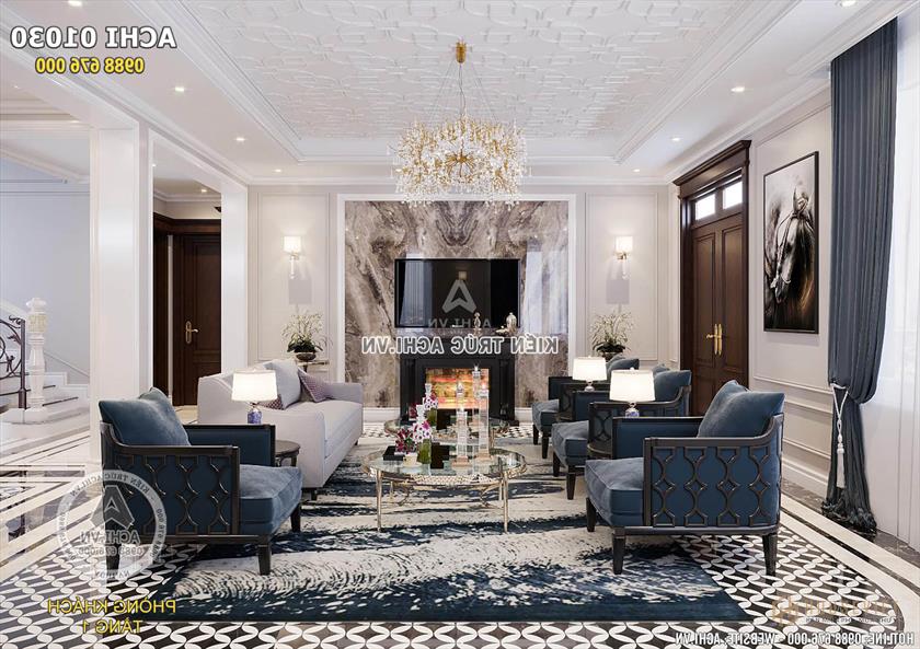 Phòng khách được thiết kế theo gam màu mạnh mẽ và ấm cúng