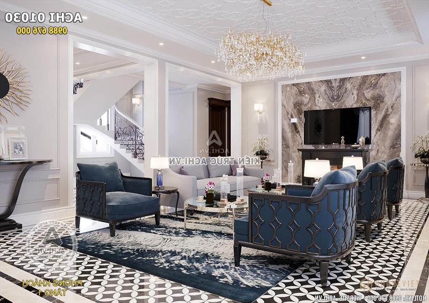 Thiết kế nội thất phòng khách theo phong cách tân cổ điển kết hợp với hiện đại