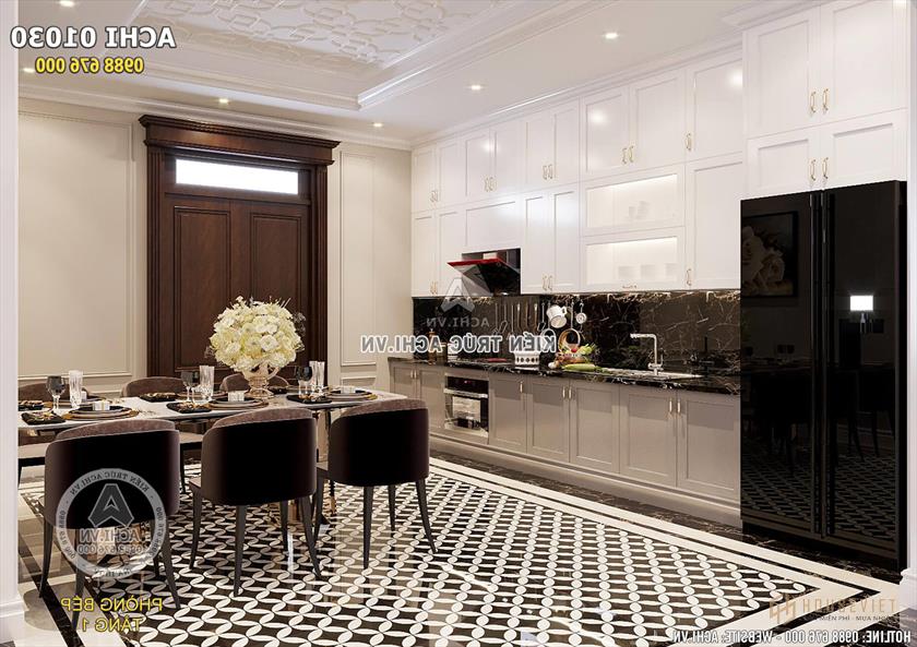 Thiết kế nội thất phòng bếp đơn giản nhưng ấn tượng theo phong cách kiến trúc tân cổ điển kết hợp địa trung hải