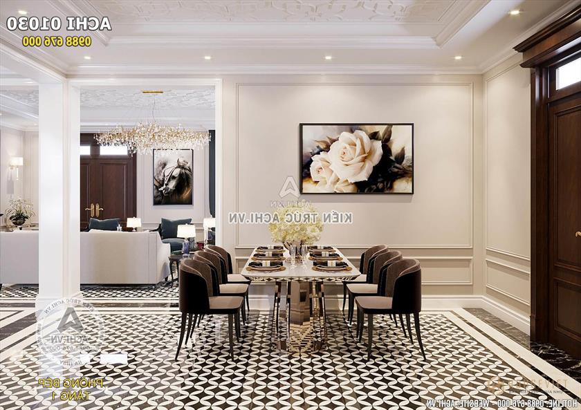 Tông màu trầm của bộ bàn ghế ăn hài hòa với màu sắc trong thiết kế nội thất