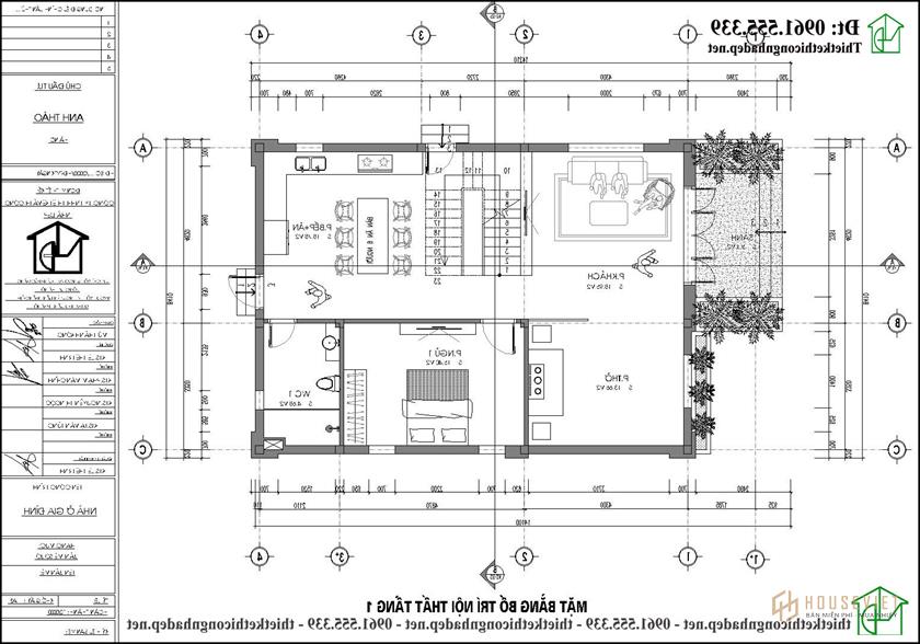 Mặt bằng nội thất tầng 1 biệt thự 2 tầng mái Nhật 8x11m NDBT2T105