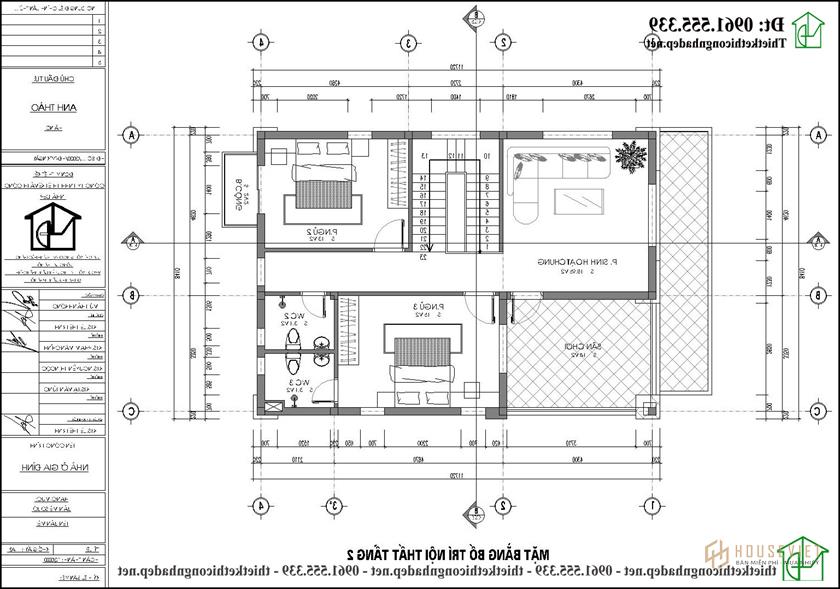 Mặt bằng nội thất biệt thự 2 tầng mái thái 8x11m NDBT2T105 kiểu Nhật