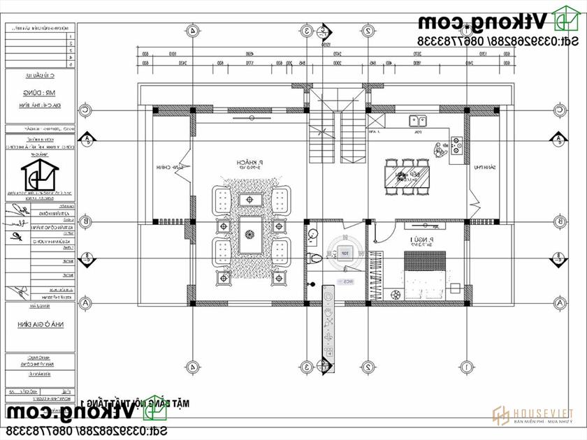 Mặt bằng bố trí nội thất tầng 1 mẫu nhà phố 2 tầng NDBT2T65