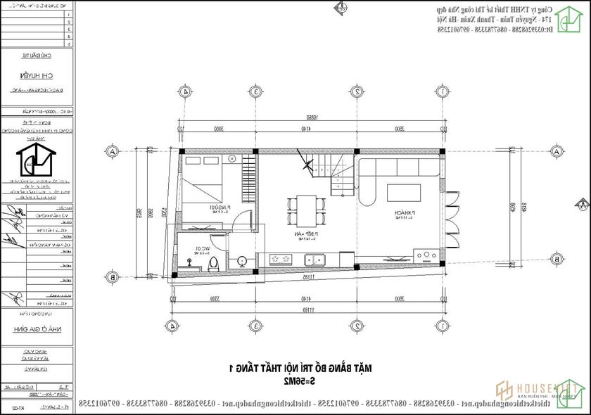 Mặt bằng nội thất tầng 1 nhà ống 3 tầng 5x11m NDNP3T60