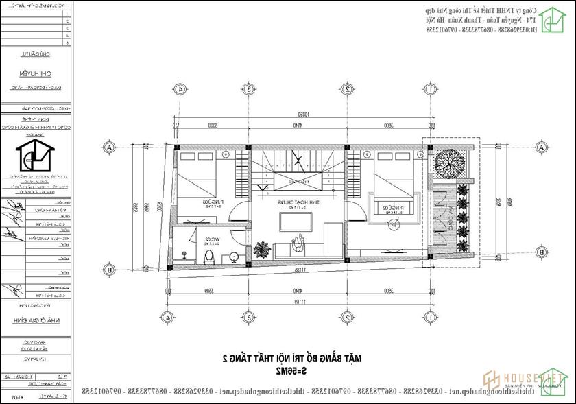 Mặt bằng nội thất tầng 2 nhà ống 3 tầng 5x11m NDNP3T60