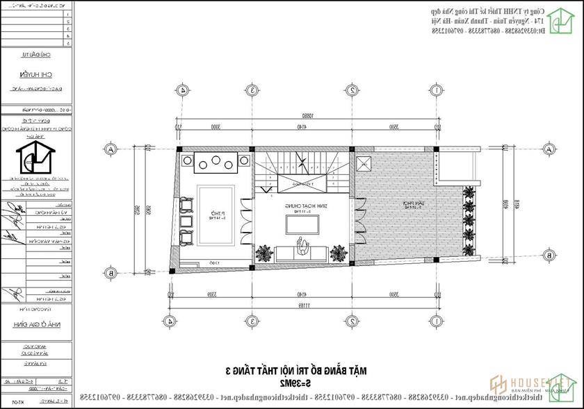 Mặt bằng nội thất tầng 3 nhà ống 3 tầng 5x11m NDNP3T60