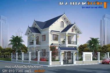 Mẫu nhà 2 tầng mặt tiền 8m kiểu mái thái đang được ưa chuộng.