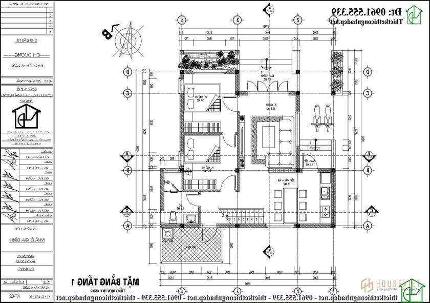Mặt bằng tầng 1 mẫu nhà có gác lửng 10x10m đẹp NDNC4174