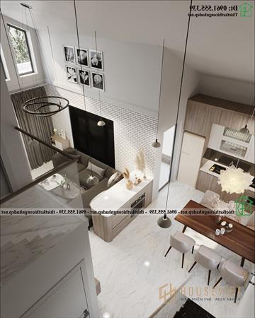 View từ gác lửng nhìn xuống không gian bếp và phòng khách NDNC4174