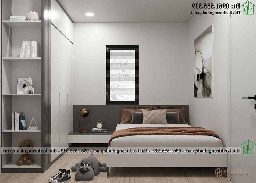 Phòng ngủ 2: Tủ quần áo và giường ngủ gỗ công nghiệp phủ melamine