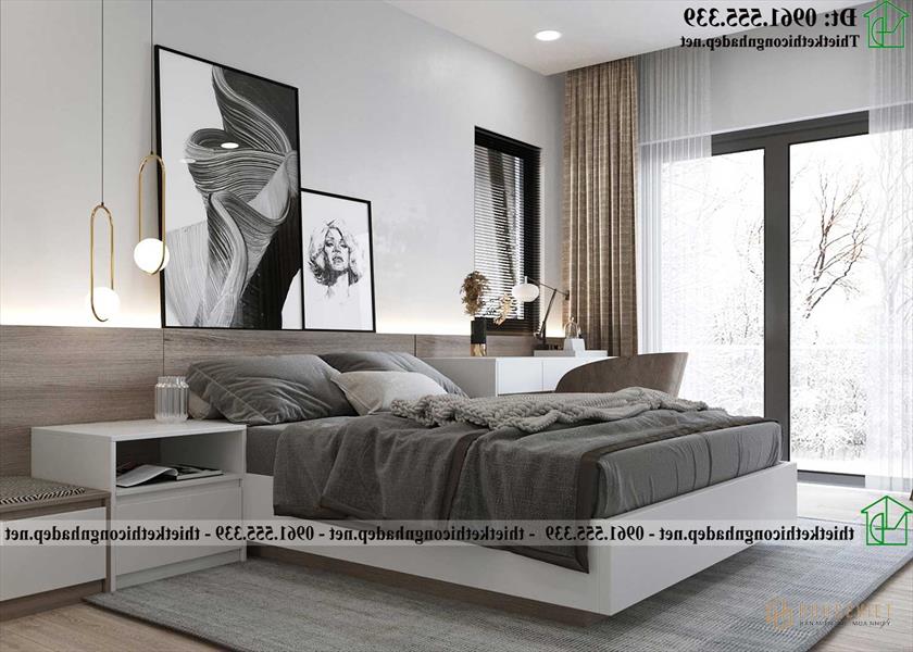 Phòng ngủ Master Tầng 2: Giường ngủ gỗ công nghiệp hiện đại