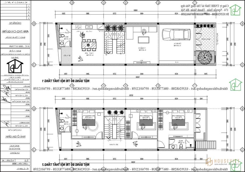 Bản vẽ mặt bằng tầng 1 và tầng 2 của mẫu nhà 3 tầng 5x16m NDNP3T61