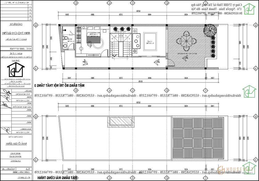Mặt bằng tầng 3 và tầng mái của mẫu nhà 3 tầng 5x16m NDNP3T61