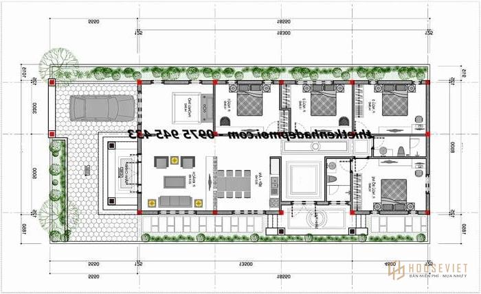 mặt bằng nhà 1 tầng 4 phòng ngủ 8x20