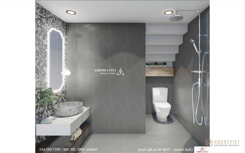 Tông màu xám được áp dụng cho phòng tắm chính, rộng rãi và sang trọng