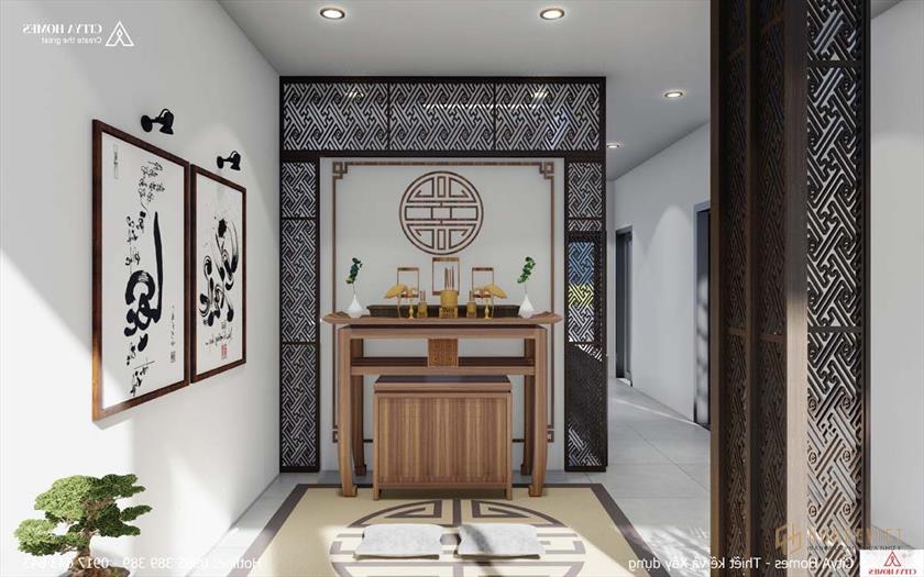 Phòng Thờ Được Thiết Kế Theo Hướng Phong Thủy Và Tâm Linh Gọn Gàng.