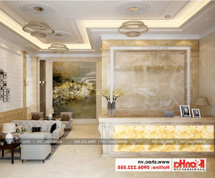 Thiết kế nội thất quầy lễ tân khách sạn đơn giản nhưng sang trọng và bắt mắt 