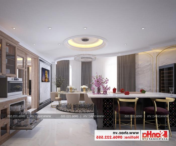 Thiết kế nội thất phòng khách liền bếp tiện nghi với gam màu ấm đẹp 