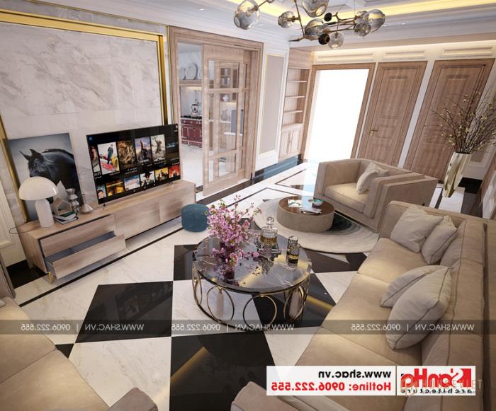 Một góc nhìn khác về phòng khách và phòng bếp của khách sạn 3 sao đẹp 