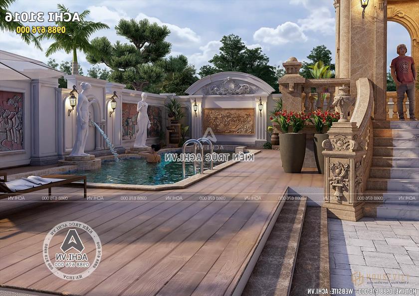 Không gian bể bơi rộng rãi của mẫu thiết kế nhà đẹp 3 tầng