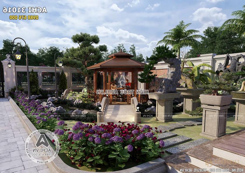 Không gian sân vườn tràn ngập cây cảnh, sông núi