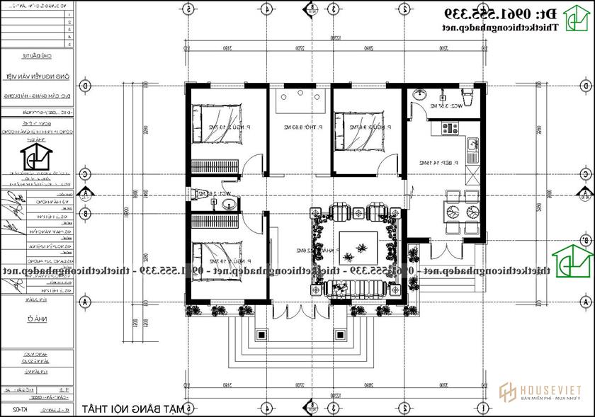 Phương án nội thất mẫu nhà 1 tầng 3 phòng ngủ mái thái 12x10m NDBT1T125