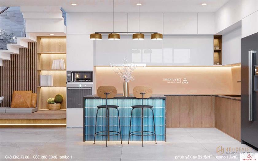 Đảo Bếp Được Trang Trí Màu Xanh Độc Đáo Nổi Bật Cả Căn Bếp Trong Nhà